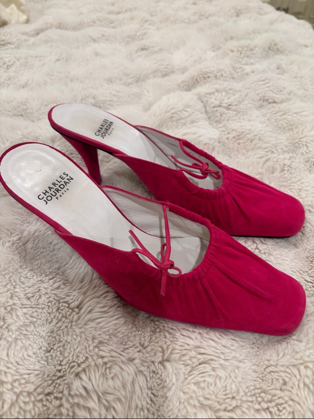 Charles Jourdan Hot Pink Suede Bow Kitten Heel Mules